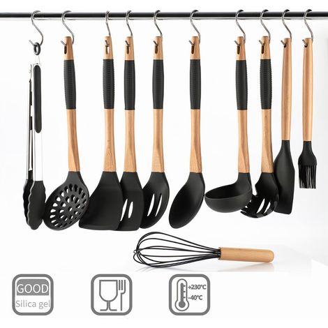Küchenhelfer-Set, 11-teilig, Silikon-Antihaft-Kochgeschirr-Set mit Geschenk, S-förmigem Metallhaken, Silikagel-Utensilien und Holzgriff (1/5)