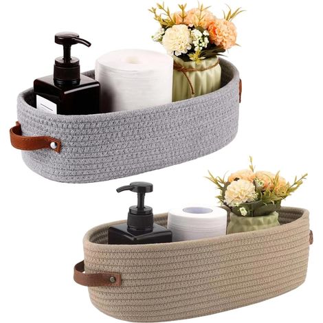 Lot de 2 Panier Rangement, Coton Tressé, Poignées Cuir, 33x15x10 cm, Gris et Kaki, Salle de Bain Cuisine (1/5)
