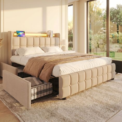 Lit avec 4 Tiroirs 160x200 cm - Cadre de lit Coffre en lin et Métal avec Tête de Lit LED - Sommier à Lattes et Recharge USB/Type-C - Style moderne - Beige (1/5)