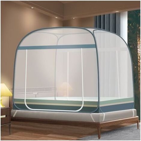 Moustiquaire pliable enfant 180x200 cm, ciel de lit respirant, double porte, pour lits simples/doubles,Vert rayédyk- (1/3)