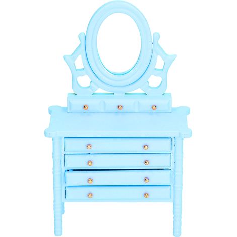 Table de Toilette Miniature 1:12 en Bois avec Miroir Bleu pour Maison de Poupée (1/5)