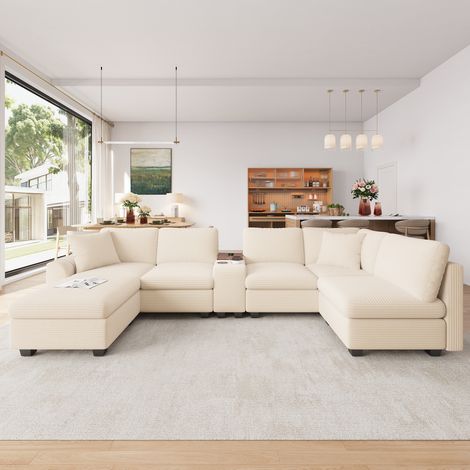 Canapé d'angle modulable U/L 6 places 311x139x85 cm avec pouf coffre, console mobile, 2 porte-gobelets, USB/Type-C, poches, velours côtelé beige (1/5)