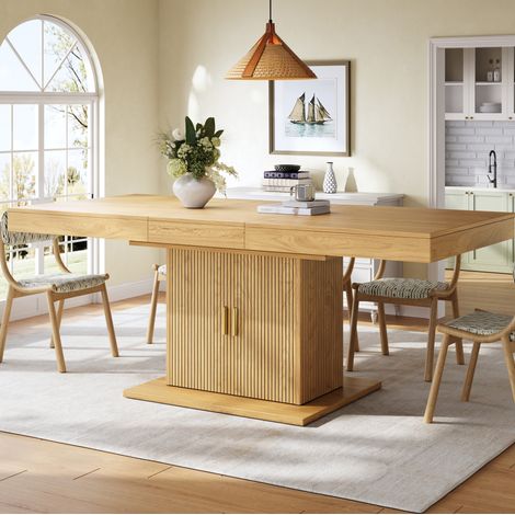 Mesa de comedor extensible (140x90x75.2 cm), con almacenaje integrado, puertas acanaladas, MDF, color madera (1/5)