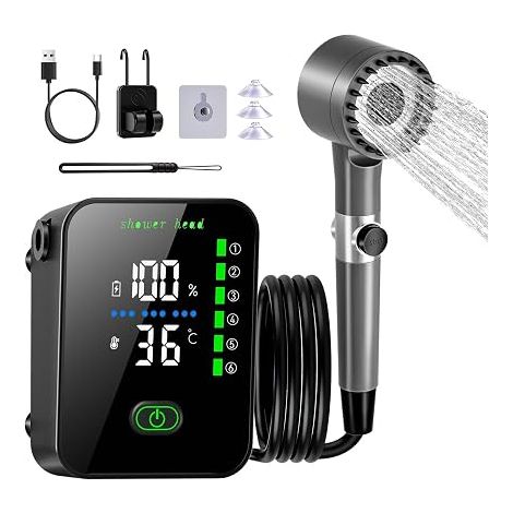 Portable Camping Shower 8000mAh, IPX8 Camping Shower Pump with Intelligent Display and 6 Adjustable Water Pressure Modes, Rechargeable Camping Shower for Outdoor, Camping, Hiking (8000mAh) (1/3)