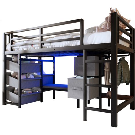 Hochbett 90 x 200 Cm Mit LED Regulierbar, Stoffschublade, Aufbewahrungstasche Und Haken, Ohne Matratze, Aus Metall, Schwarz (1/5)