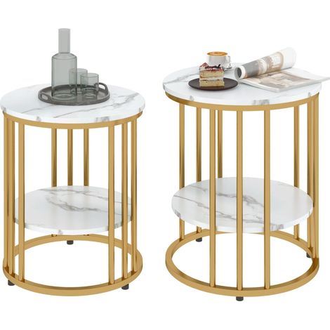 Set of Two Marble-Effect Coffee Tables - White/Gold-Tone
