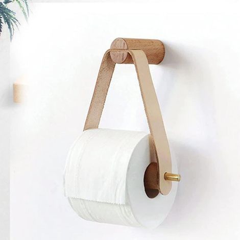 Porte-papier toilette mural en bois et cuir, porte-rouleaux de papier toilette rustique à fixer au mur, accessoires de salle de bain élégants et naturels avec adhésif. (1/5)