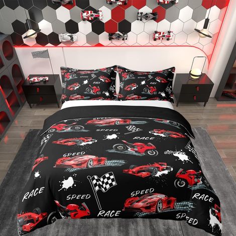 Enfants Rouge Noir Voiture de Course Parure de Lit, Voiture de Sport de Vitesse Housse de Couette 140x200cm Garçons Filles Adolescents Parure de Lit Sports extrêmes Literie Set (1/5)