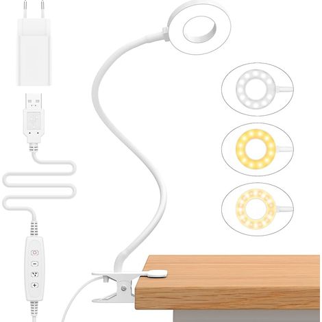 VUSZR 23 LED Leselampe Bett Dimmbar -【3 Modi & 10 Helligkeitsstufen】 Augenschutz Klemmlampe mit 40cm Flexiblem Schwanenhals, Buchlampe, Schreibtischlampe mit 10W USB-Ladegerät, Weiß (1/5)
