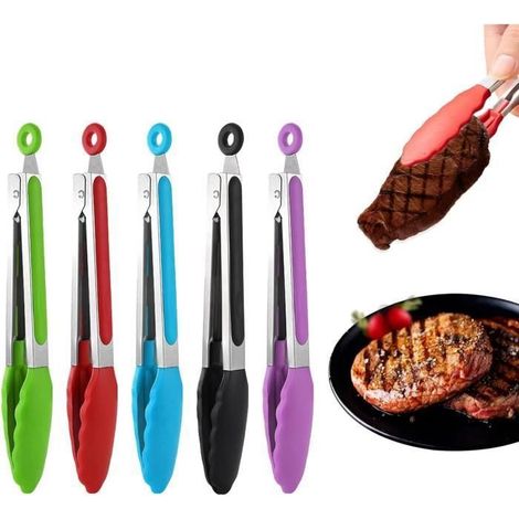 5 pièces pince cuisine en acier inoxydable, tête silicone résistante à la chaleur, pour friteuse air, barbecue et service (1/4)