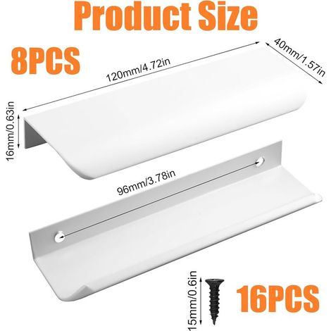 8 unsichtbare Griffe 120 mm weiß, Aluminium, mit Schrauben für Schrank und Schublade. (1/4)