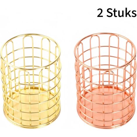 Lot de 2 organisateurs en maille métallique pour pinceaux de maquillage - antirouille et stables sur le bureau - pour coiffeuse et bureau - or/or rose - design ajouré - multicolore (1/5)