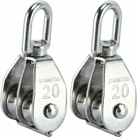 Lot de 2 blocs de poulie double M20 – Acier inoxydable 304 – Charge max 75 kg – Corde 7 mm – Crochet pivotant pour traction efficace (1/5)