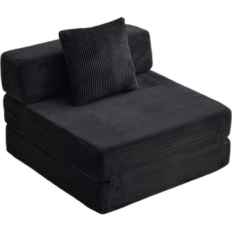 Sofá cama plegable de suelo individual de terciopelo acanalado negro con cojín y reposabrazos (1/5)