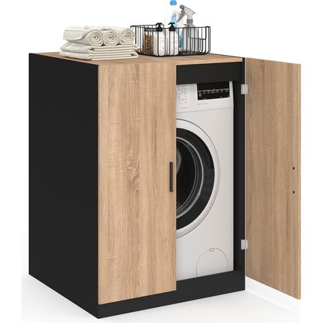 Idmarket – Meuble machine à laver WALLIS noir et bois hêtre – Dimensions 65x64x91 cm – Panneaux mélaminés résistants – Espace rangement supérieur