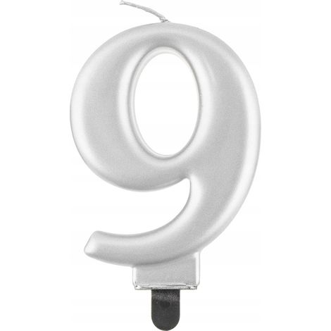 Vela número 9, plata metalizada, 8 cm