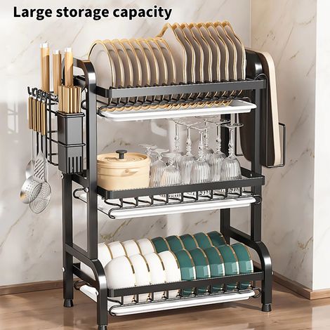 Égouttoir à vaisselle 3 niveaux grande capacité en métal avec porte-ustensiles, support de rangement pour vaisselle, organisateur de comptoir (1/5)