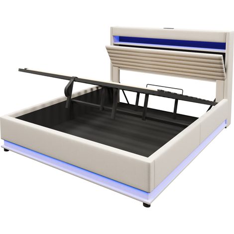 CAIziLit rembourré 180x200 USB-C LED rangement hydraulique sans matelas beige (1/5)