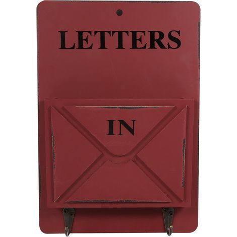 Porte-courrier mural en bois rouge avec crochets pour clés, rangement mural décoratif pour maison (1/3)