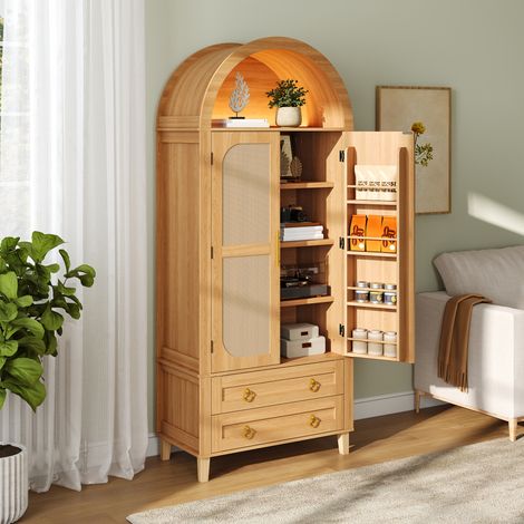 Armadio alto LED con nicchia ad arco, ante effetto rattan e 2 cassetti, 76 x 40 x 179,5 cm (1/5)