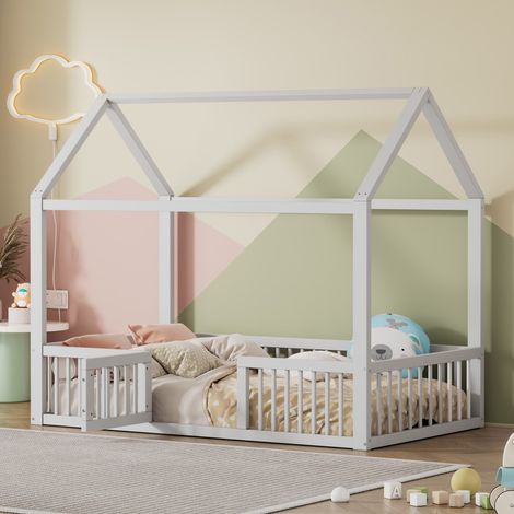 Gutent – Lit adulte 90x200 cm en bois massif blanc – Structure robuste avec grilles de sécurité – Pour matelas épais 10-20 cm – Installation facile (1/5)
