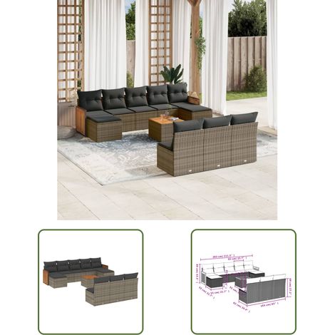The Living Store 11-tlg. Garten-Sofagarnitur mit Kissen Grau Poly Rattan - Gartenmöbel Set - PE-Rattan Möbel - Outdoor Lounge - Esstisch - Sofasatz (1/3)