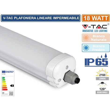 V-TAC VT-6076 TUBO LED PLAFONIERA 18W LAMPADINA 60CM IMPERMEABILE - SKU 216283 / 216282 - Colore Luce: Bianco Freddo