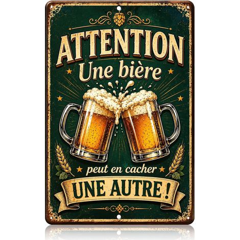 Plaque Metal Vintage Attention Une Bière Peut en Cacher Une Autre 30 x 20cm, Plaque Decorative Metal Humoristique pour deco bar et deco cuisine, Cadeau Biere Original, Plaque Metal Murale Déco Vintage (1/5)
