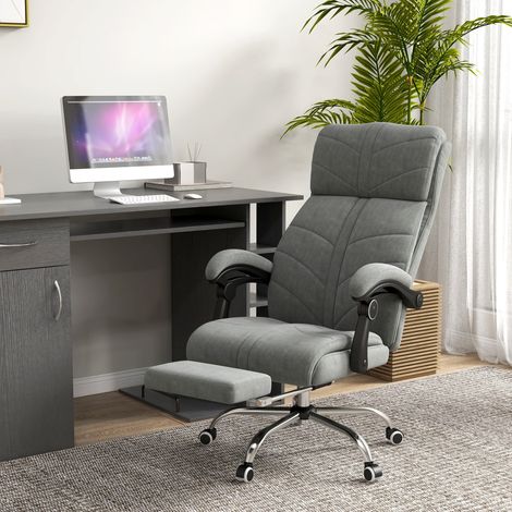 Silla de oficina reclinable, calefactable y con función de masaje, con reposapiés integrado y 5 ruedas, color gris.