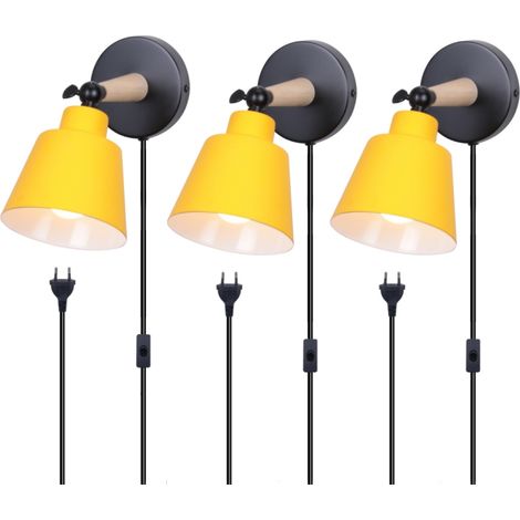 3 Stücke Moderne Wandleuchten Holz Metall Wandlampe Verstellbarer Wandbeleuchtun mit Stecker und Schalter Gelb Ø12cm