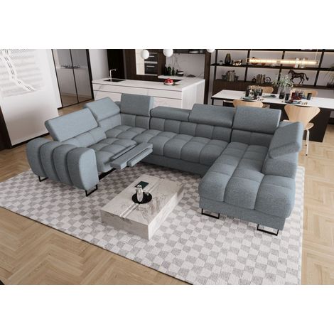 Wohnlandschaft Schlafsofa BASTIEN RELAX in Stoff Aragon Grau Ottomane Rechts