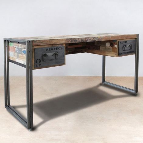Bureau bois recyclé 2 tiroirs 120x60 CARAVELLE