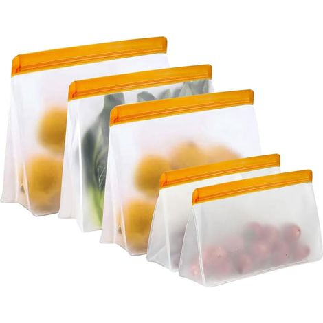 Set of 5 Reusable and Stand Up Freezer Bags, BPA-Free Silicone Freezer Bags, Waterproof Silicone Storage Bags for Storing Vegetables, Fruits, Sandwiches, Meats (1/5)