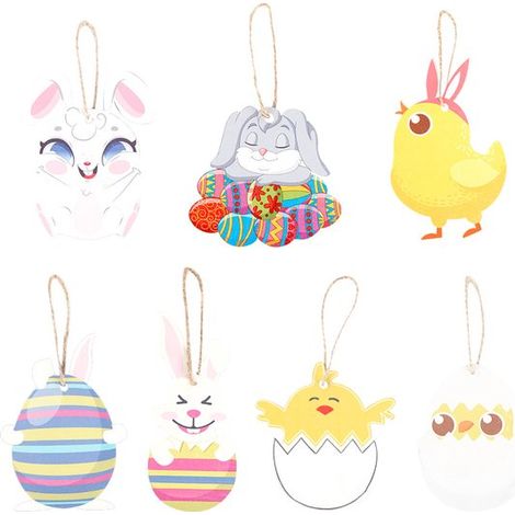 14 pezzi di uova di Pasqua in legno – 7 decorazioni, appendiporta pasquale, decorazioni in legno, pulcino e coniglio (1/5)