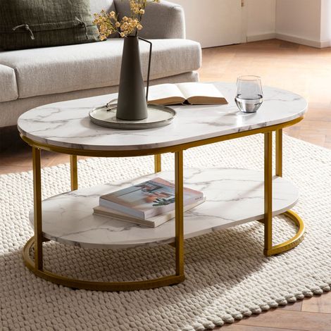 Table basse fixe double plateau 100x60x45 cm – Aspect marbre blanc et doré – Structure en fer peint doré – Poids maximum supporté 25 kg