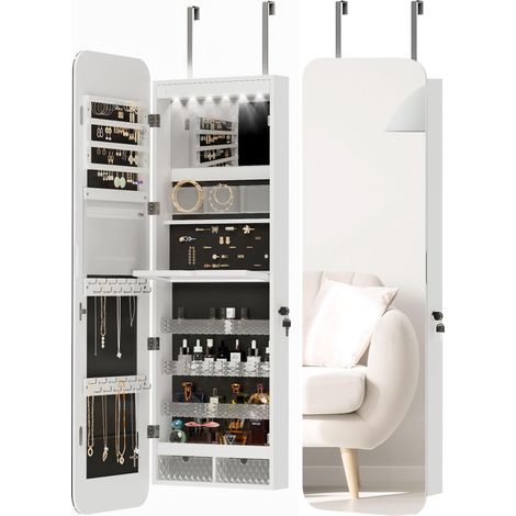 Miroir de porte et de mur pour bijoux avec miroir intérieur éclairé et serrure, 37 x 10 x 120 cm (1/5)