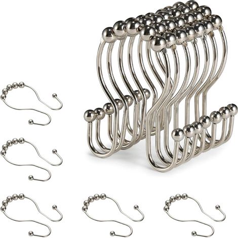 Crochets de rideau de douche, anneaux de rideau de douche, crochets doubles, 12 pièces (nickel) (1/4)