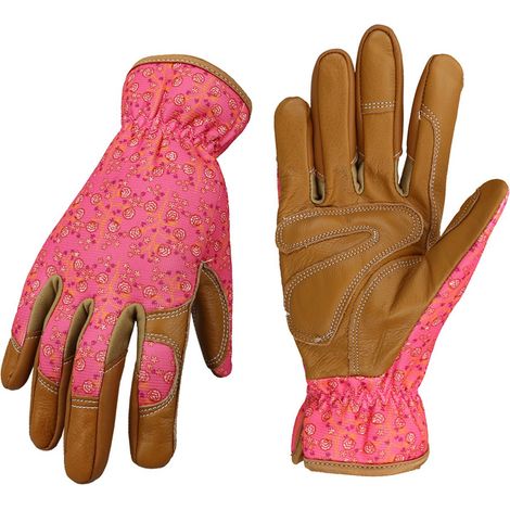 Gants de Travail en Cuir - Gants de Jardin en Cuir de Vachette Renforcé - Résistants à la Perforation et Durables - 2 Pièces - Pour Jardinage et Bricolage - Rose Foncé (1/5)