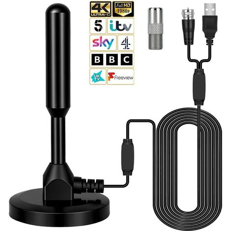 Antenne Intérieure, Antenne TV Interieur TNT HD, Câble de 5m, avec Base Magnétique, avec Amplificateur de Signal, Portable Discrète pour Voiture Camion Camping-Car, Maison et Camping (1/5)