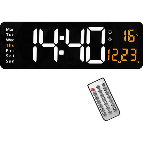 Digitale Wanduhr, 16-Zoll-LED-Anzeige mit 10 einstellbaren Helligkeitsstufen, Datum, Temperatur, Wochentag, Fernbedienung, Ladeanschluss für Wohn-/Schlafzimmer