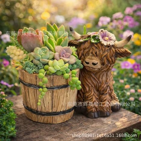 (Décoration vache des Highlands) Adorables plantes succulentes en forme de vache des Highlands avec seau, ornements de jardin vache des Highlands (1/4)