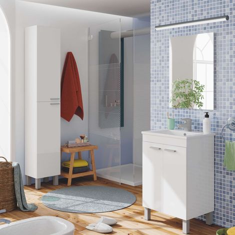 Pack de muebles de baño color blanco brillo estilo moderno (mueble baño + espejo + columna + lavabo cerámico)