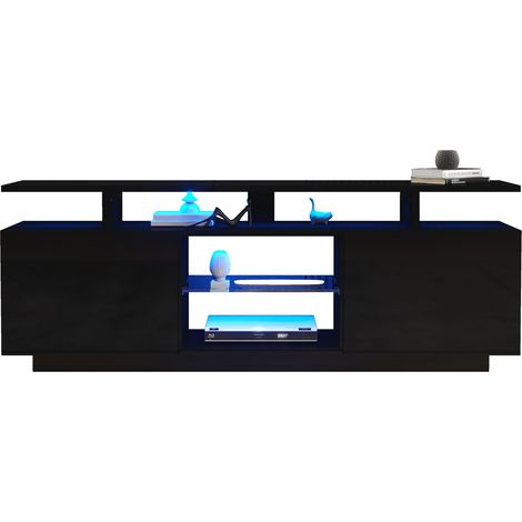 TV-Lowboard mit 2 Türen und 5 Fächern und App-LED, Hochglanz-Fronten, 140×35×55 cm, aus Spanplatte, Schwarz (1/5)