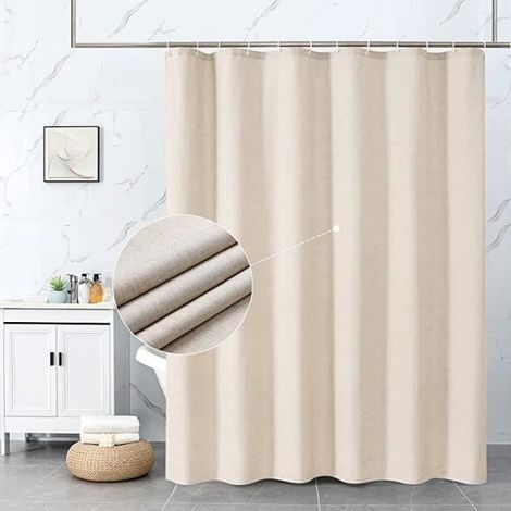 Rideau de douche en lin beige anti-moisissure avec ourlet lesté imperméable à séchage rapide avec 12 crochets blancs, Crème (1/4)