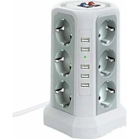 Überspannungsgeschützter Steckdosenturm, 5 USB-Anschlüsse und 12 Steckdosen, mit 3 Schaltern, weiß (1/4)
