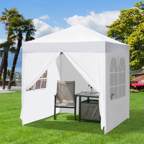 Padiglione pieghevole, tenda da birra, 4 pannelli laterali rimovibili, 2 finestre, struttura in metallo, 2 x 2 m, bianco