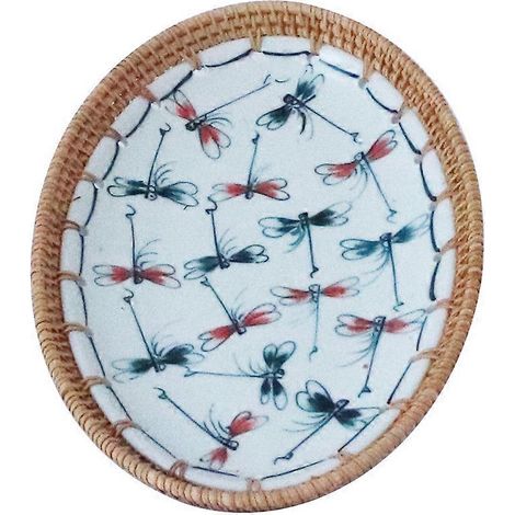 Handgefertigte Servierplatte aus Rattan, oval, aus Keramik oder Porzellan, Obst-, Dessert- und Lebensmittelaufbewahrungsbehälter, Tablett, Schale für Wohnzimmer