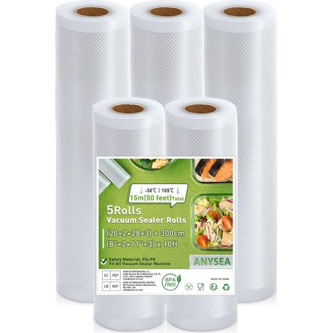 Rouleau Sous Vide Alimentaire:Sac Sous Vide Alimentaire pour Appareil de Mise Sous Vide et La Cuisson, Sac Sous Vide Gaufré sans BPA, Sachet Sous Vide Alimentaire 5 Rouleaux 20x2/28x3/300cm (1/5)