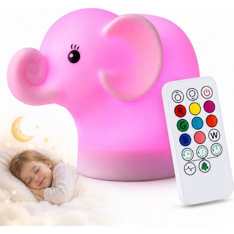 Veilleuse éléphant pour enfants et bébés - Lampe LED RGB - Dimmable avec télécommande - Rechargeable USB-C - Silicone (1/5)