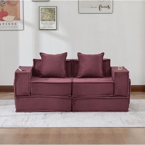 Pouf sofa modulare 162x78x66 cm rosso vino in velluto a coste con cuscini e tasche laterali (1/5)